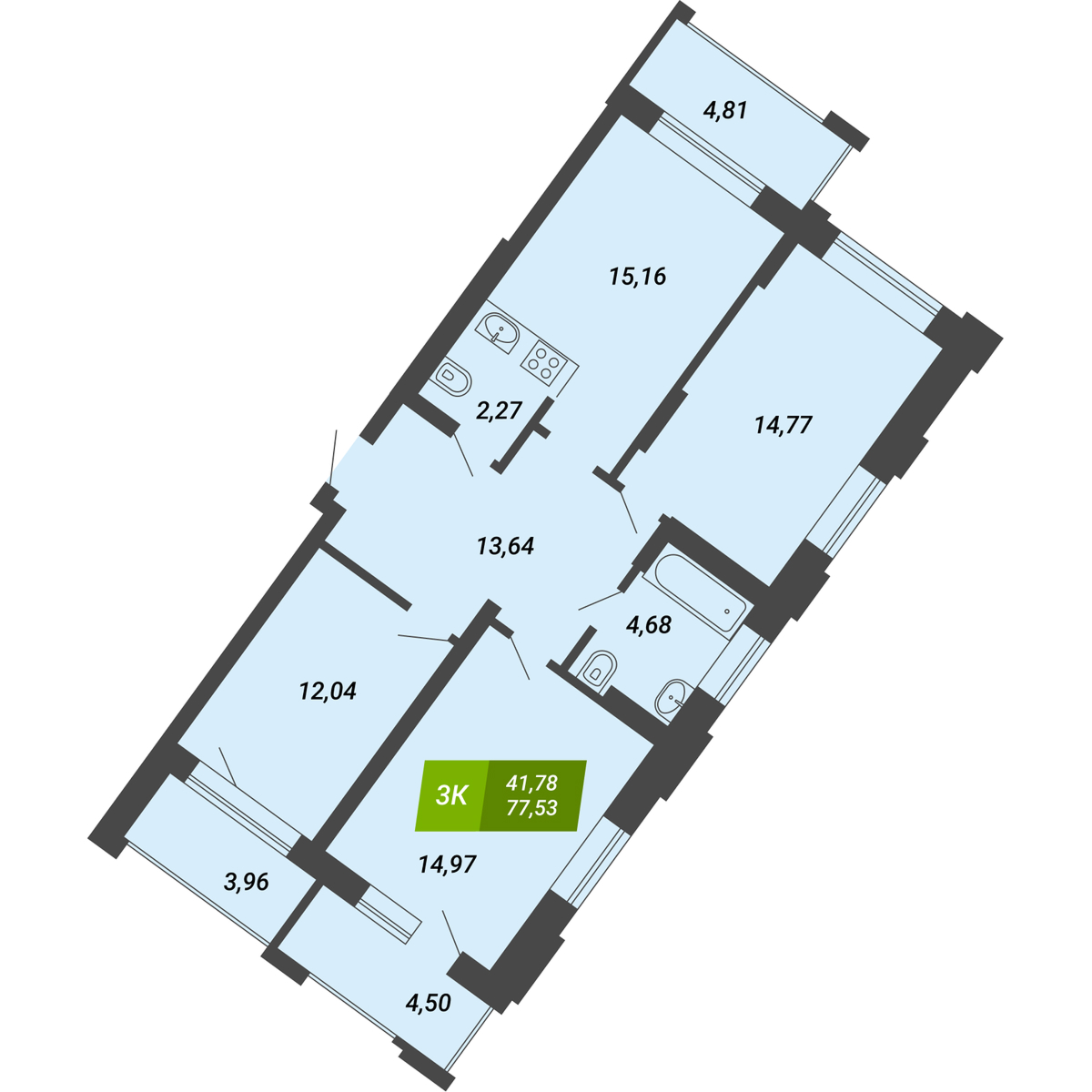 3-ех комнтаные квартиры 75–77 м²