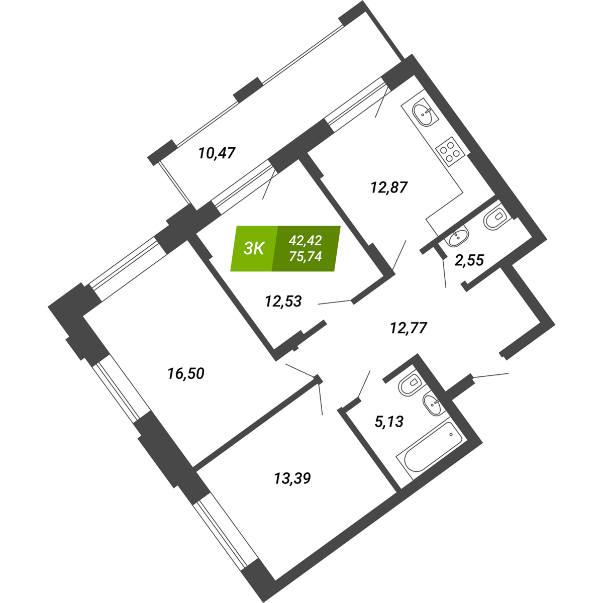 3-ех комнтаные квартиры 75–77 м²