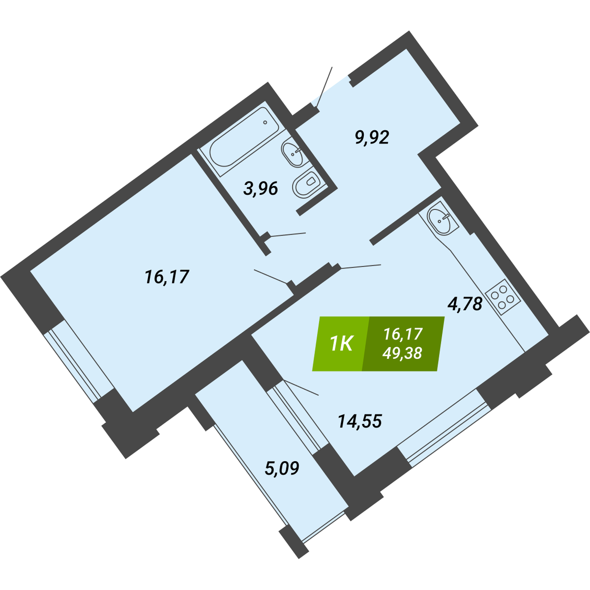 1 комнтаная квартира 49,38 м²