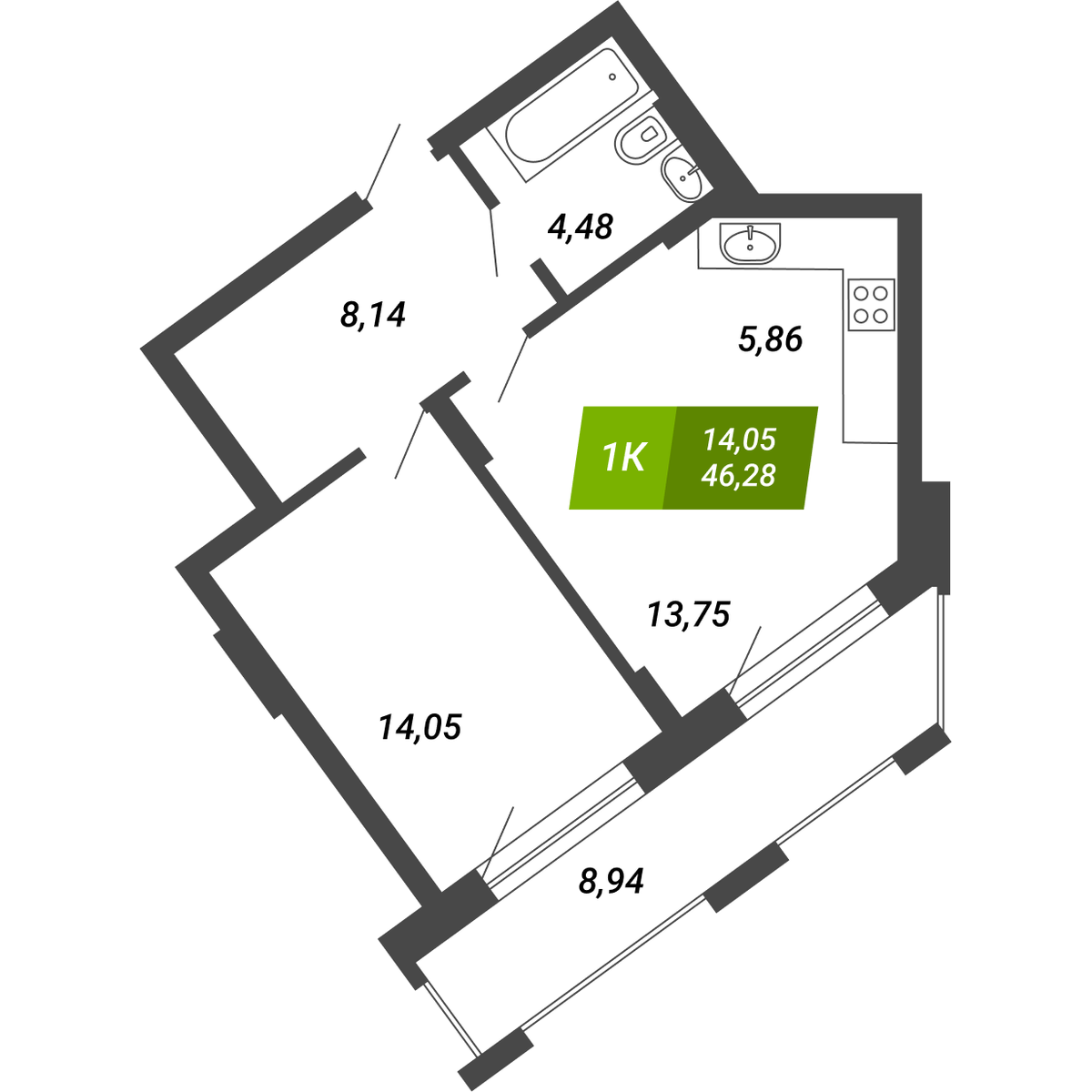 1 комнтаная квартира 46,28 м²
