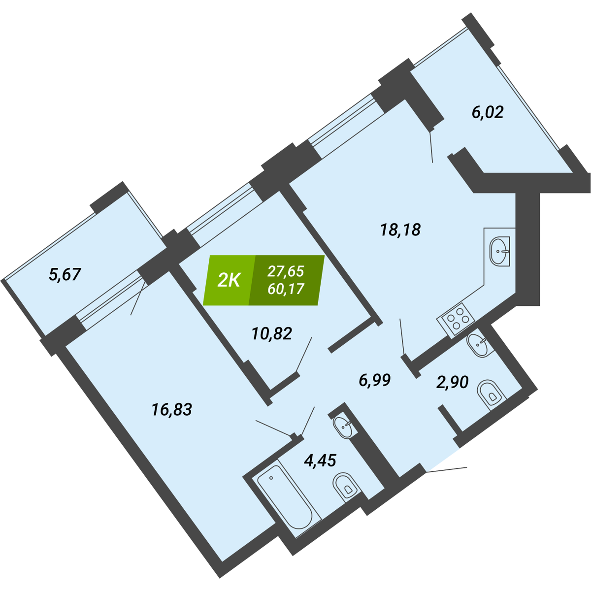 2-ух комнтаная квартира 60,17 м²